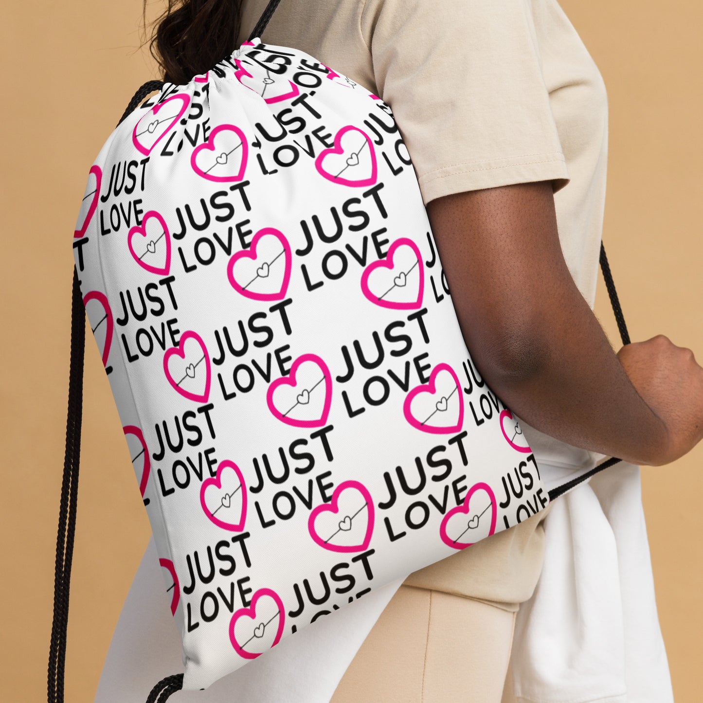 JUSTLOVE All Over Print Drawstring Bag: Carry Your Belongings and Your Message