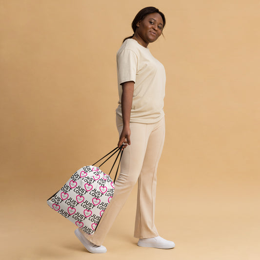 JUSTLOVE All Over Print Drawstring Bag: Carry Your Belongings and Your Message